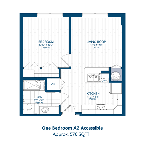 Floor plan for 1 bed, 1 bath, 576 sqft